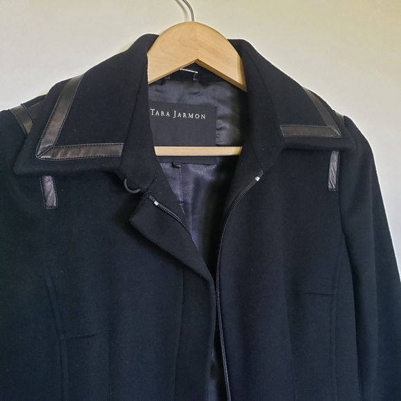 Tara Jarmon 36 Wool/Cashmere* Trench Coat Black Contrasting Faux Leather Trim - Picture 4 of 16